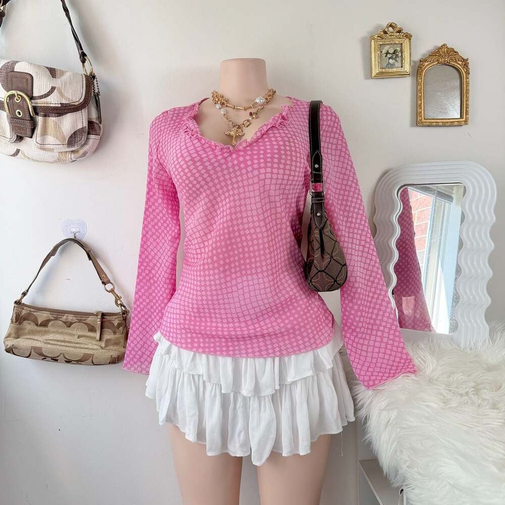 Y2K Janette pink geometric checkered long sleeve ruffled V-neck top